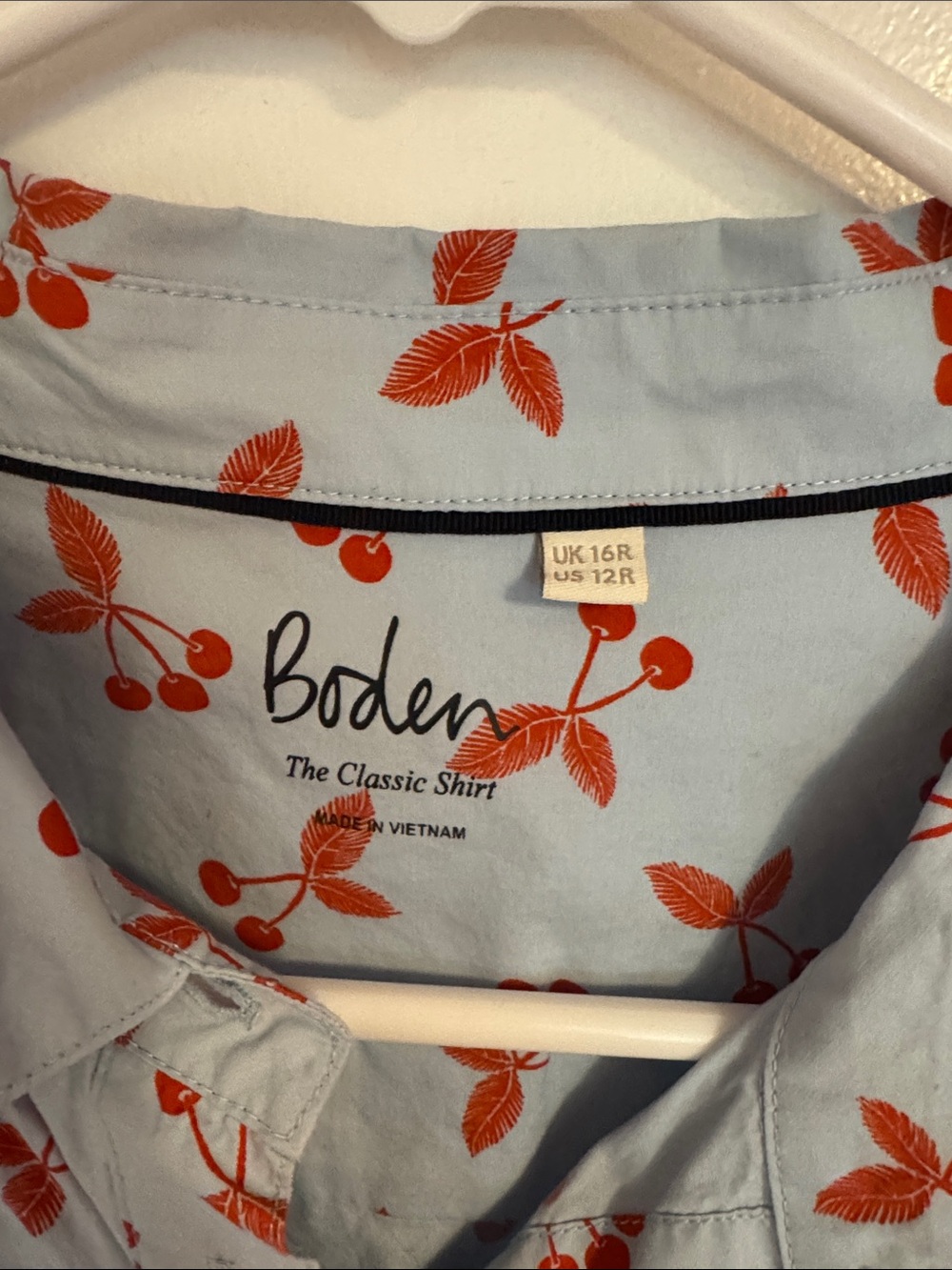 Boden Pale Blue Classic Button-Up Shirt with Red Cherry Motif - Picture 2 of 4
